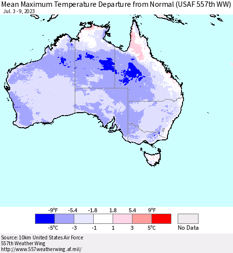 Australia Mean Maximum Temperature Departure from Normal (USAF 557th WW) Thematic Map For 7/3/2023 - 7/9/2023