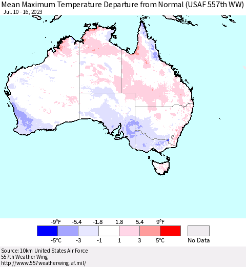 Australia Mean Maximum Temperature Departure from Normal (USAF 557th WW) Thematic Map For 7/10/2023 - 7/16/2023