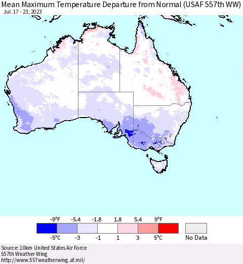 Australia Mean Maximum Temperature Departure from Normal (USAF 557th WW) Thematic Map For 7/17/2023 - 7/23/2023