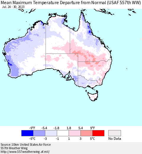 Australia Mean Maximum Temperature Departure from Normal (USAF 557th WW) Thematic Map For 7/24/2023 - 7/30/2023