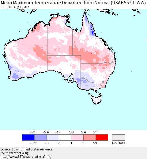 Australia Mean Maximum Temperature Departure from Normal (USAF 557th WW) Thematic Map For 7/31/2023 - 8/6/2023