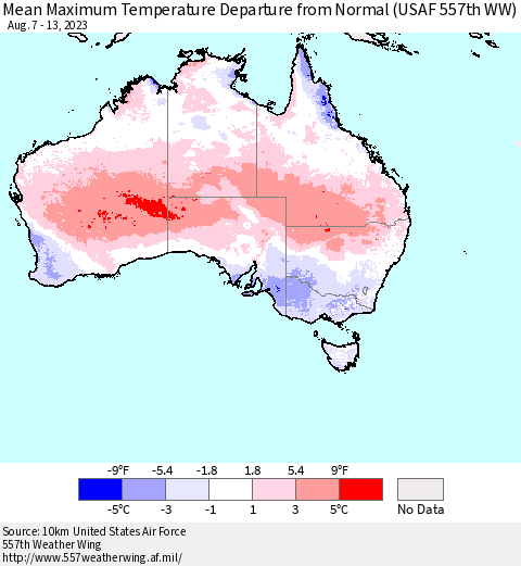 Australia Mean Maximum Temperature Departure from Normal (USAF 557th WW) Thematic Map For 8/7/2023 - 8/13/2023