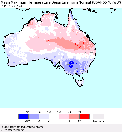 Australia Mean Maximum Temperature Departure from Normal (USAF 557th WW) Thematic Map For 8/14/2023 - 8/20/2023