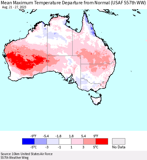 Australia Mean Maximum Temperature Departure from Normal (USAF 557th WW) Thematic Map For 8/21/2023 - 8/27/2023