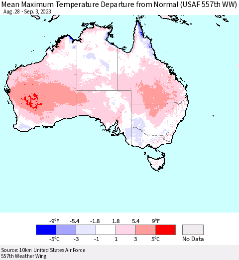 Australia Mean Maximum Temperature Departure from Normal (USAF 557th WW) Thematic Map For 8/28/2023 - 9/3/2023