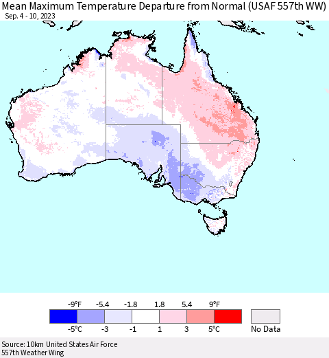 Australia Mean Maximum Temperature Departure from Normal (USAF 557th WW) Thematic Map For 9/4/2023 - 9/10/2023