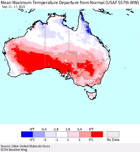 Australia Mean Maximum Temperature Departure from Normal (USAF 557th WW) Thematic Map For 9/11/2023 - 9/17/2023