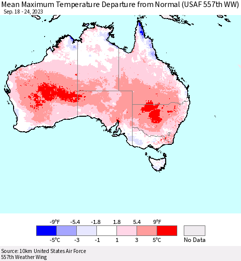 Australia Mean Maximum Temperature Departure from Normal (USAF 557th WW) Thematic Map For 9/18/2023 - 9/24/2023