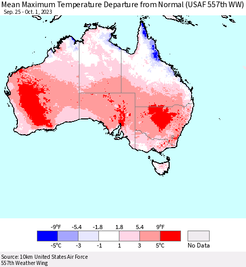 Australia Mean Maximum Temperature Departure from Normal (USAF 557th WW) Thematic Map For 9/25/2023 - 10/1/2023