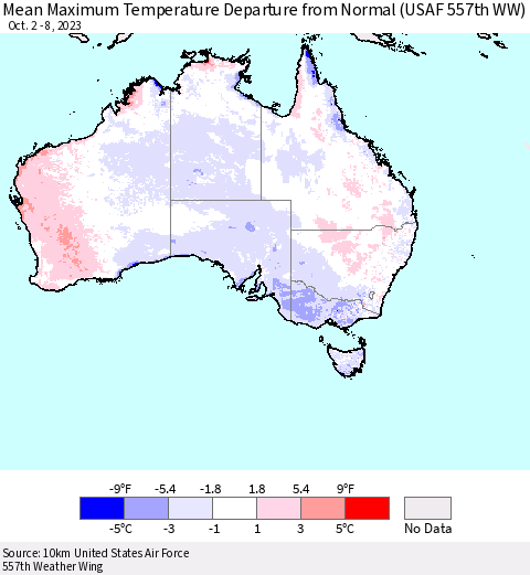 Australia Mean Maximum Temperature Departure from Normal (USAF 557th WW) Thematic Map For 10/2/2023 - 10/8/2023