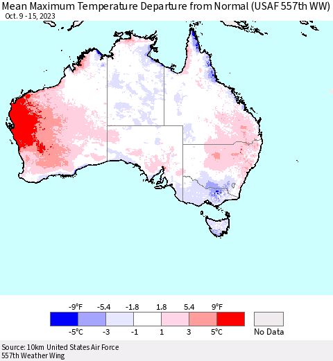Australia Mean Maximum Temperature Departure from Normal (USAF 557th WW) Thematic Map For 10/9/2023 - 10/15/2023