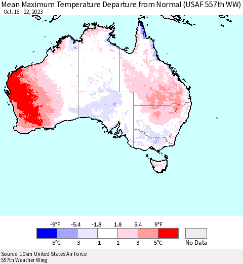 Australia Mean Maximum Temperature Departure from Normal (USAF 557th WW) Thematic Map For 10/16/2023 - 10/22/2023