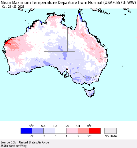 Australia Mean Maximum Temperature Departure from Normal (USAF 557th WW) Thematic Map For 10/23/2023 - 10/29/2023