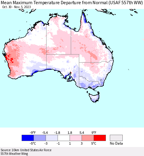 Australia Mean Maximum Temperature Departure from Normal (USAF 557th WW) Thematic Map For 10/30/2023 - 11/5/2023