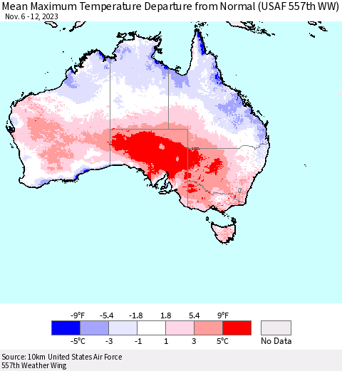Australia Mean Maximum Temperature Departure from Normal (USAF 557th WW) Thematic Map For 11/6/2023 - 11/12/2023