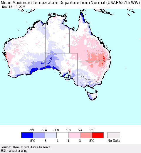 Australia Mean Maximum Temperature Departure from Normal (USAF 557th WW) Thematic Map For 11/13/2023 - 11/19/2023