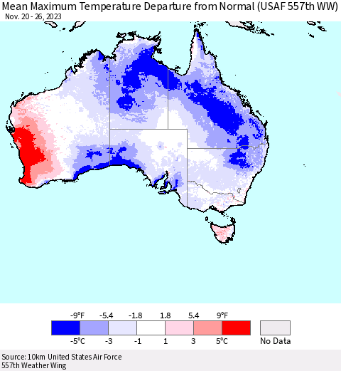 Australia Mean Maximum Temperature Departure from Normal (USAF 557th WW) Thematic Map For 11/20/2023 - 11/26/2023