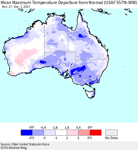 Australia Mean Maximum Temperature Departure from Normal (USAF 557th WW) Thematic Map For 11/27/2023 - 12/3/2023