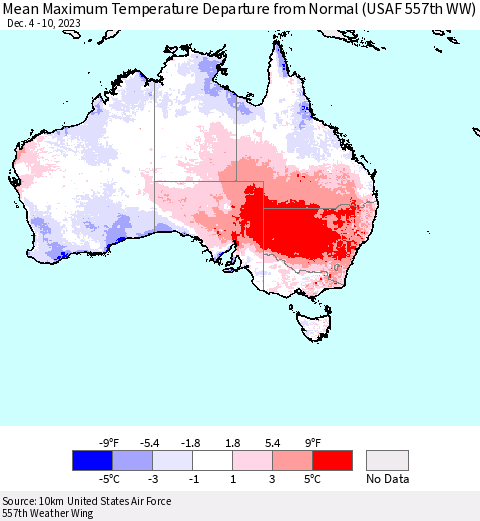 Australia Mean Maximum Temperature Departure from Normal (USAF 557th WW) Thematic Map For 12/4/2023 - 12/10/2023