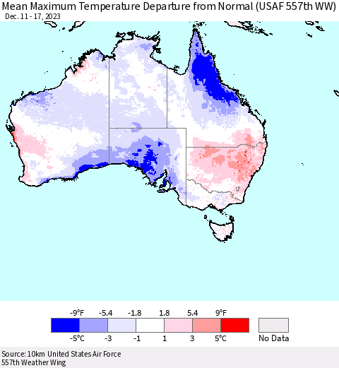 Australia Mean Maximum Temperature Departure from Normal (USAF 557th WW) Thematic Map For 12/11/2023 - 12/17/2023