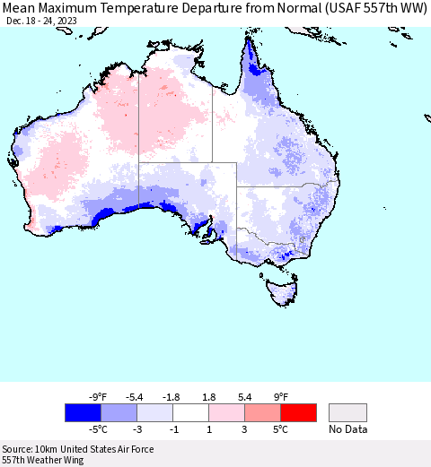 Australia Mean Maximum Temperature Departure from Normal (USAF 557th WW) Thematic Map For 12/18/2023 - 12/24/2023