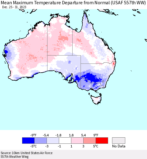 Australia Mean Maximum Temperature Departure from Normal (USAF 557th WW) Thematic Map For 12/25/2023 - 12/31/2023