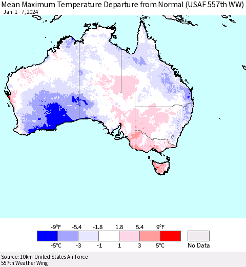 Australia Mean Maximum Temperature Departure from Normal (USAF 557th WW) Thematic Map For 1/1/2024 - 1/7/2024