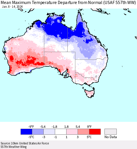 Australia Mean Maximum Temperature Departure from Normal (USAF 557th WW) Thematic Map For 1/8/2024 - 1/14/2024