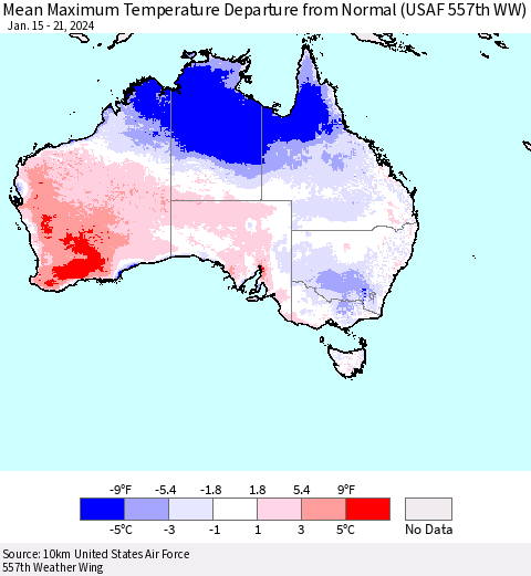 Australia Mean Maximum Temperature Departure from Normal (USAF 557th WW) Thematic Map For 1/15/2024 - 1/21/2024