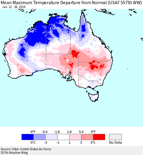 Australia Mean Maximum Temperature Departure from Normal (USAF 557th WW) Thematic Map For 1/22/2024 - 1/28/2024