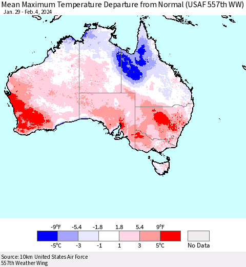 Australia Mean Maximum Temperature Departure from Normal (USAF 557th WW) Thematic Map For 1/29/2024 - 2/4/2024
