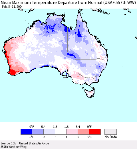 Australia Mean Maximum Temperature Departure from Normal (USAF 557th WW) Thematic Map For 2/5/2024 - 2/11/2024