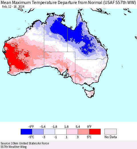 Australia Mean Maximum Temperature Departure from Normal (USAF 557th WW) Thematic Map For 2/12/2024 - 2/18/2024