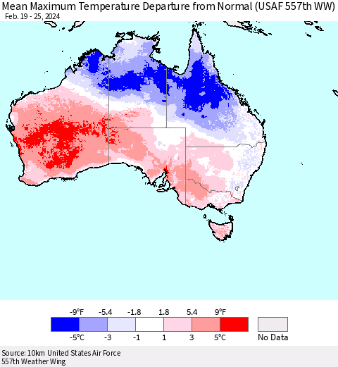 Australia Mean Maximum Temperature Departure from Normal (USAF 557th WW) Thematic Map For 2/19/2024 - 2/25/2024