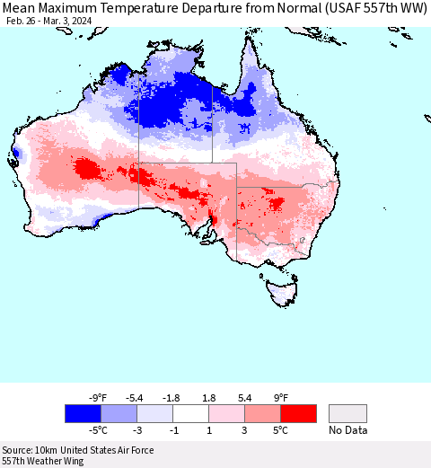 Australia Mean Maximum Temperature Departure from Normal (USAF 557th WW) Thematic Map For 2/26/2024 - 3/3/2024