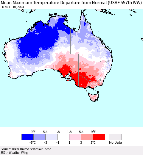Australia Mean Maximum Temperature Departure from Normal (USAF 557th WW) Thematic Map For 3/4/2024 - 3/10/2024