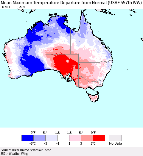 Australia Mean Maximum Temperature Departure from Normal (USAF 557th WW) Thematic Map For 3/11/2024 - 3/17/2024