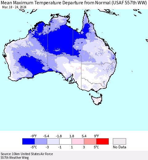 Australia Mean Maximum Temperature Departure from Normal (USAF 557th WW) Thematic Map For 3/18/2024 - 3/24/2024