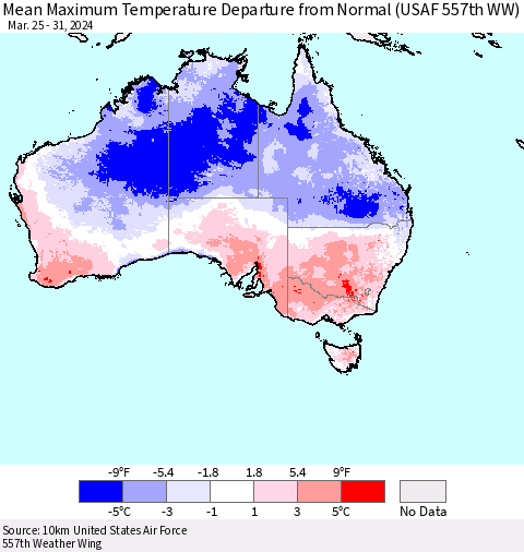 Australia Mean Maximum Temperature Departure from Normal (USAF 557th WW) Thematic Map For 3/25/2024 - 3/31/2024
