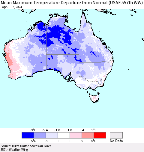 Australia Mean Maximum Temperature Departure from Normal (USAF 557th WW) Thematic Map For 4/1/2024 - 4/7/2024