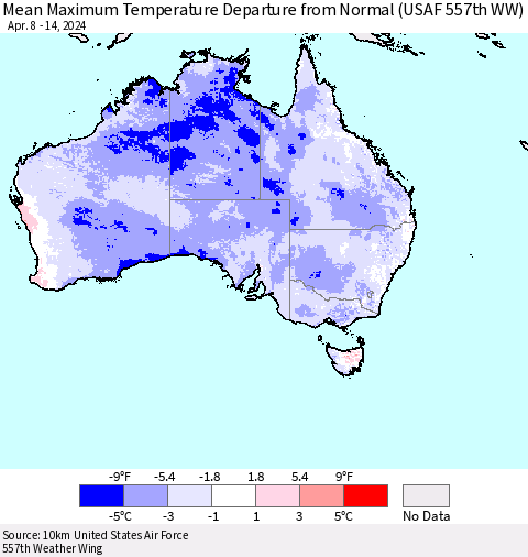 Australia Mean Maximum Temperature Departure from Normal (USAF 557th WW) Thematic Map For 4/8/2024 - 4/14/2024