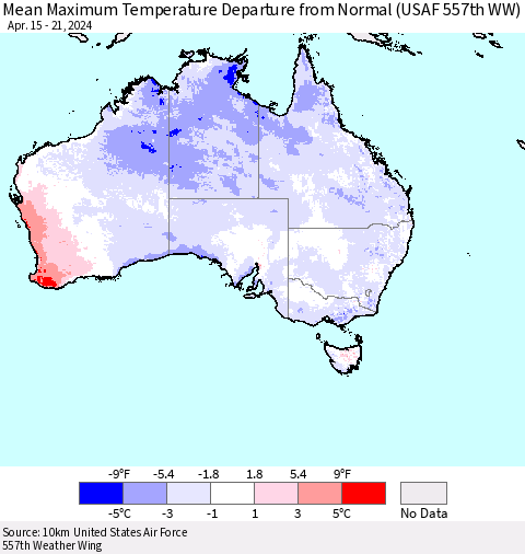 Australia Mean Maximum Temperature Departure from Normal (USAF 557th WW) Thematic Map For 4/15/2024 - 4/21/2024