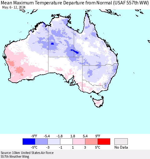 Australia Mean Maximum Temperature Departure from Normal (USAF 557th WW) Thematic Map For 5/6/2024 - 5/12/2024