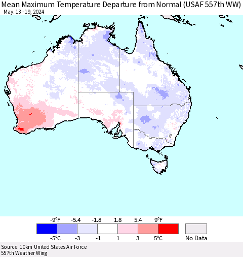 Australia Mean Maximum Temperature Departure from Normal (USAF 557th WW) Thematic Map For 5/13/2024 - 5/19/2024