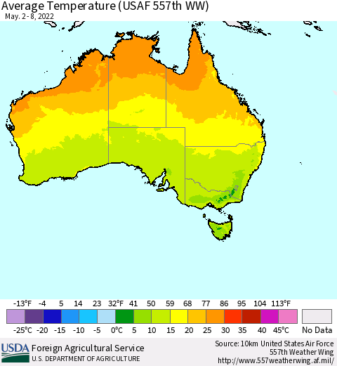 Australia Average Temperature (USAF 557th WW) Thematic Map For 5/2/2022 - 5/8/2022