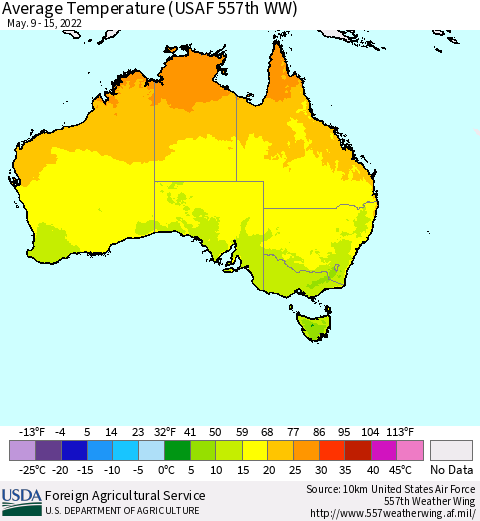 Australia Average Temperature (USAF 557th WW) Thematic Map For 5/9/2022 - 5/15/2022