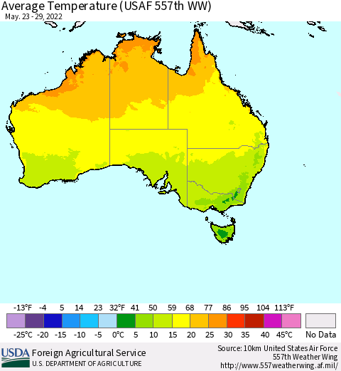 Australia Average Temperature (USAF 557th WW) Thematic Map For 5/23/2022 - 5/29/2022