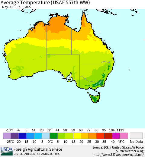 Australia Average Temperature (USAF 557th WW) Thematic Map For 5/30/2022 - 6/5/2022