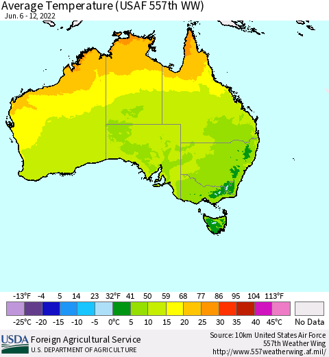 Australia Average Temperature (USAF 557th WW) Thematic Map For 6/6/2022 - 6/12/2022