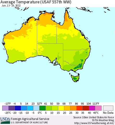 Australia Average Temperature (USAF 557th WW) Thematic Map For 6/13/2022 - 6/19/2022